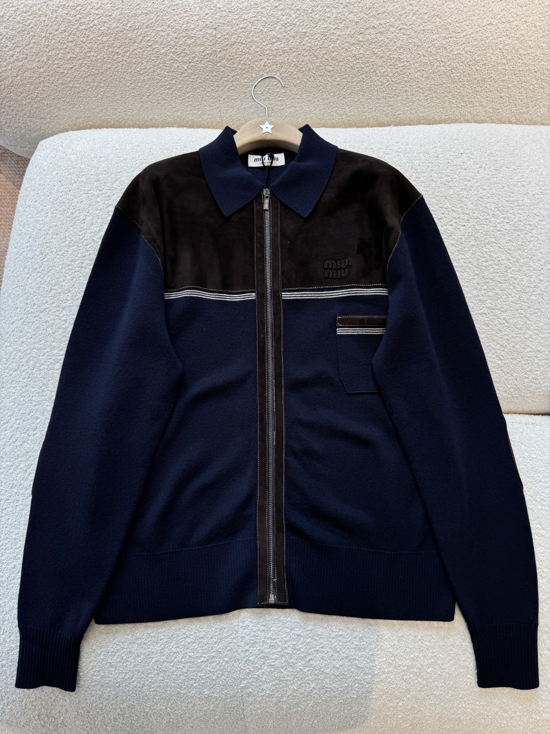 미우 미우 울 앤 레더 지퍼 가디건 블루 코코아 브라운