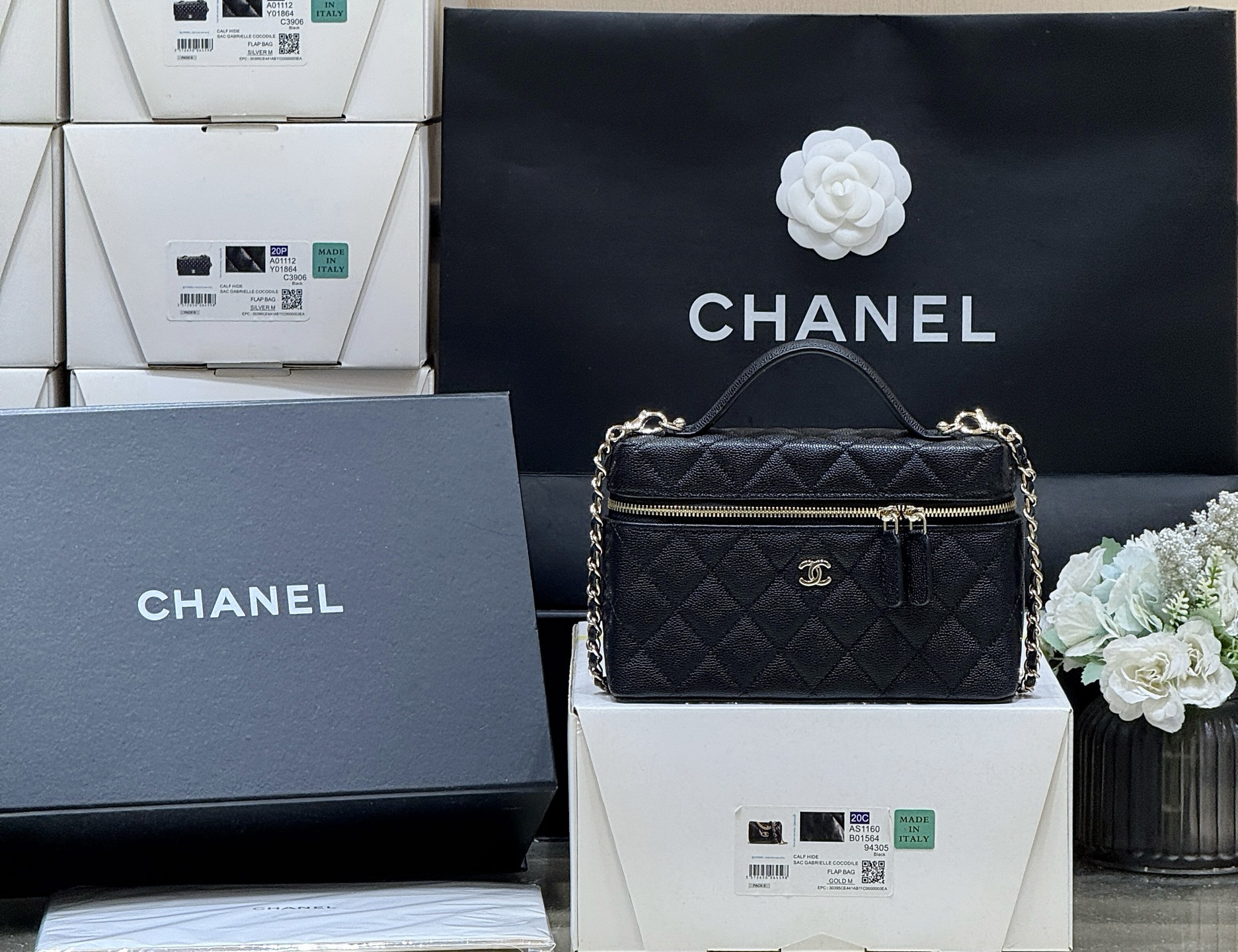 샤 ƆC 넬 탑핸들 포쉐트 체인 베니티백 AP4385 14*19*5cm