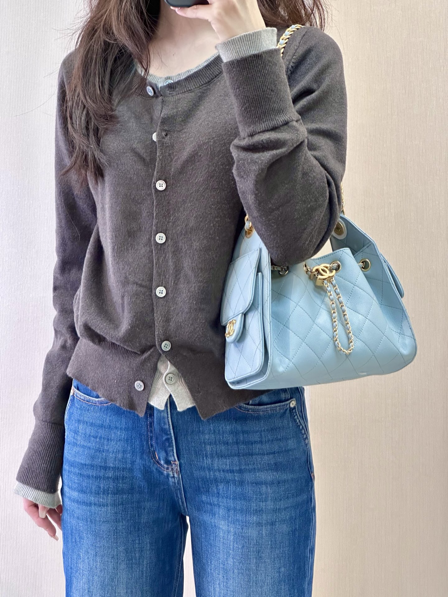 샤 ƆC 넬 25 미니백 스웨이드 메탈릭 카프스킨  AS5631 22-20-12.5cm