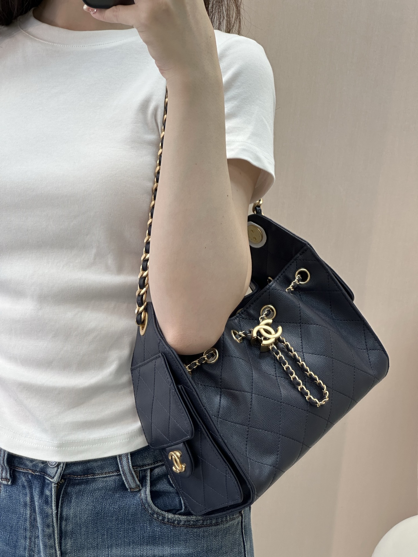 샤 ƆC 넬 25 미니백 스웨이드 메탈릭 카프스킨  AS5631 22-20-12.5cm