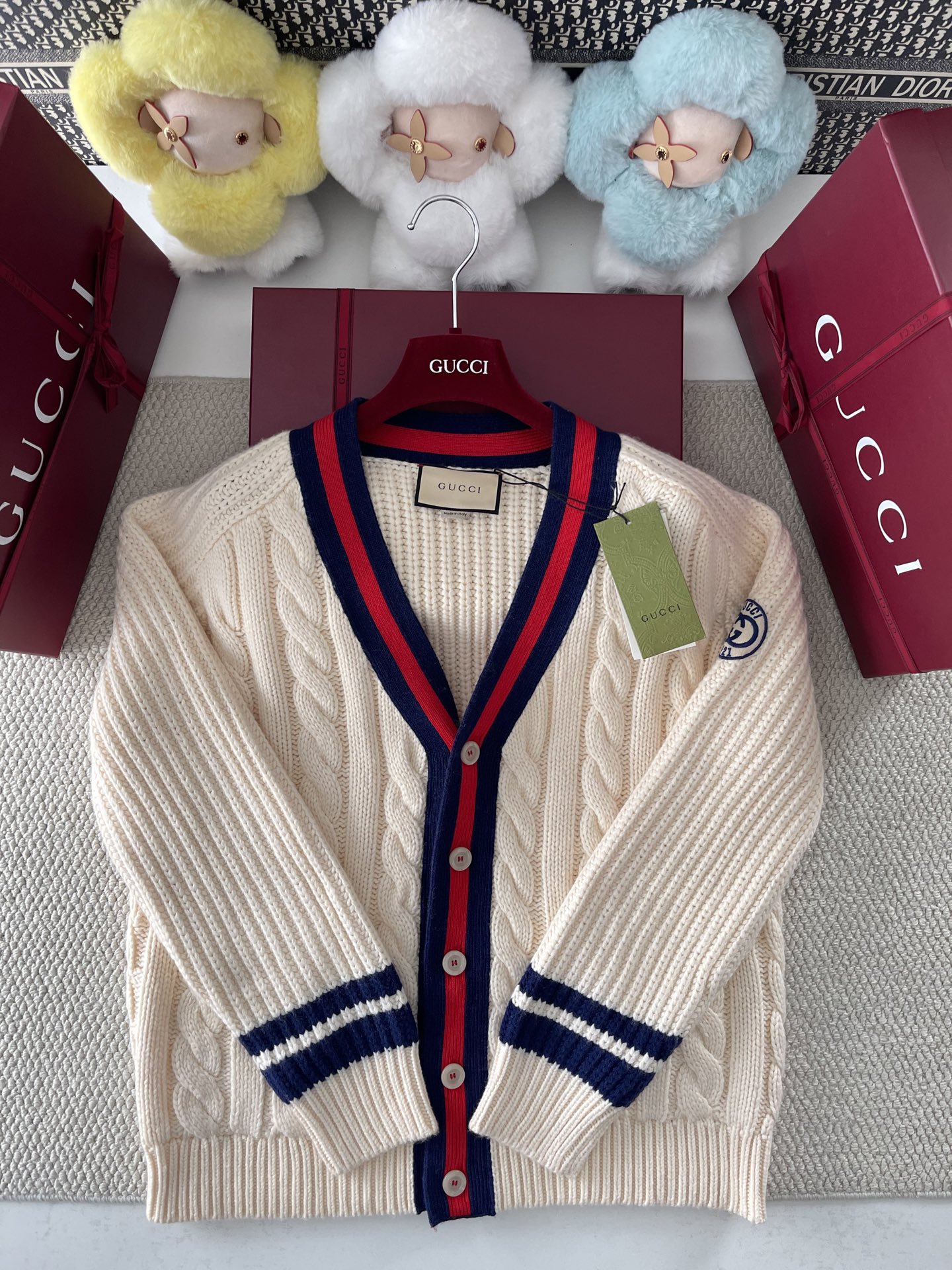 구찌 케이블 울 니트 가디건 웹 아이보리  L사이즈